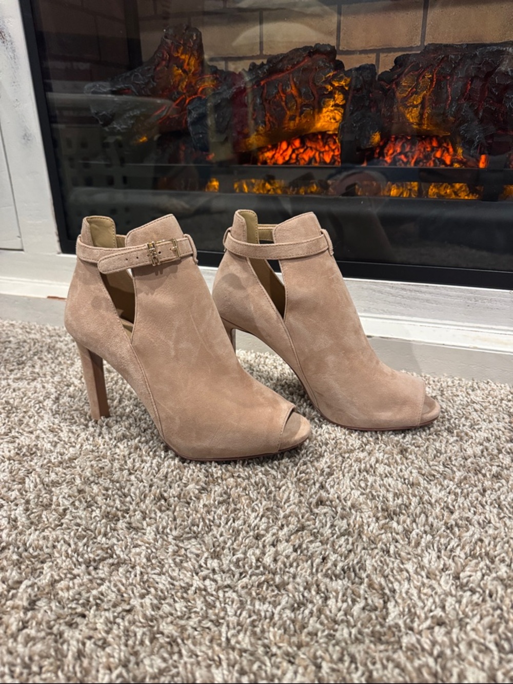 Michael Kors Blush Taupe Suede Peep-Toe Ankle Booties